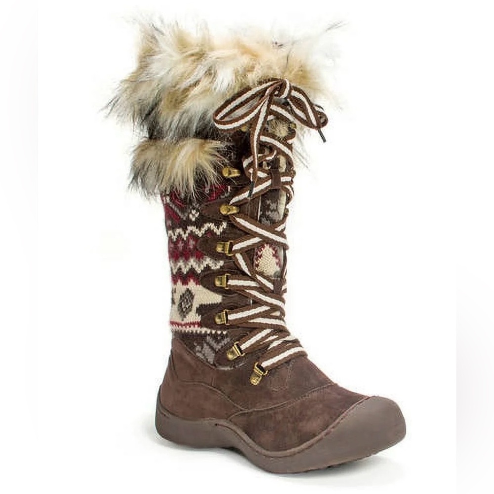 Muk Luks Brown and Cream Patterned Winter Boots